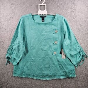 NEW Ali Miles Top Women 1X 3/4 Sleeve Linen Blend Green